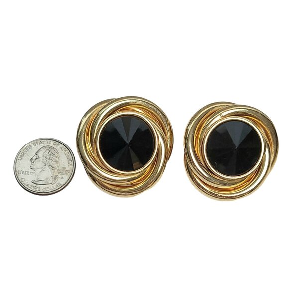 Kirk's Folly Gold Tone Black Lucite Rivoli Clip On Earrings, Signed - Picture 2 of 9